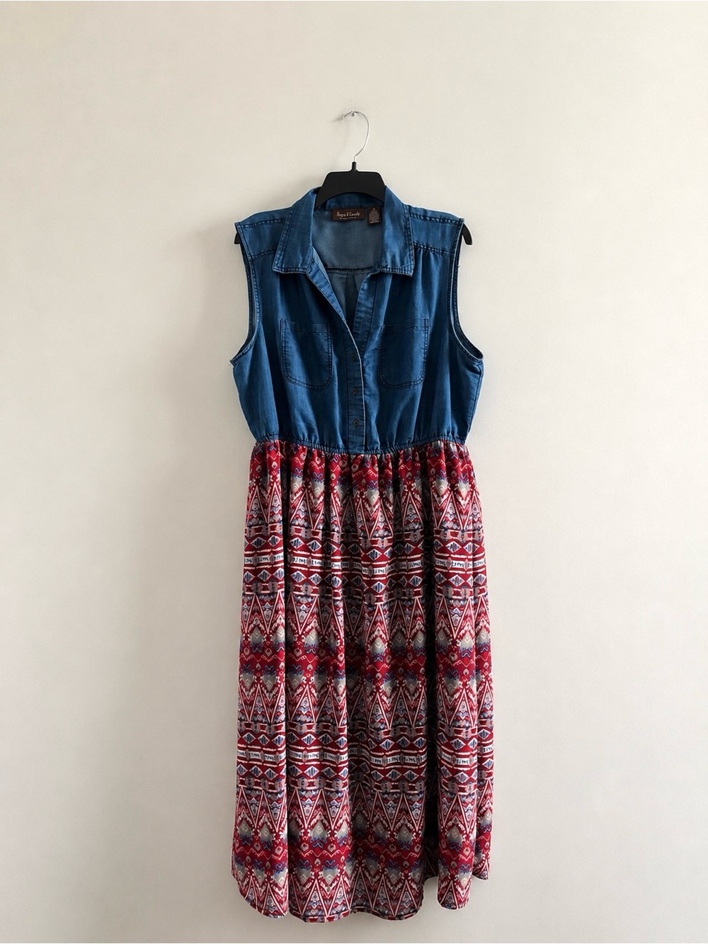 VTG Speed Control Dress Midi Blue Chambray Red Aztec Sleeveless Womens 3X Boho